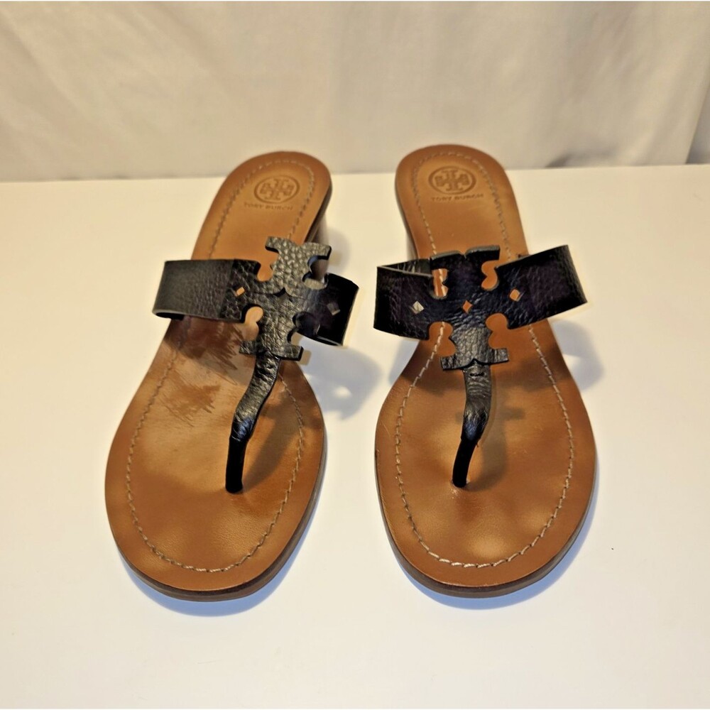 Tory Burch Moore 45mm Black Leather Thong Block Heel Sandals Womens Size 10 - Picture 2 of 9